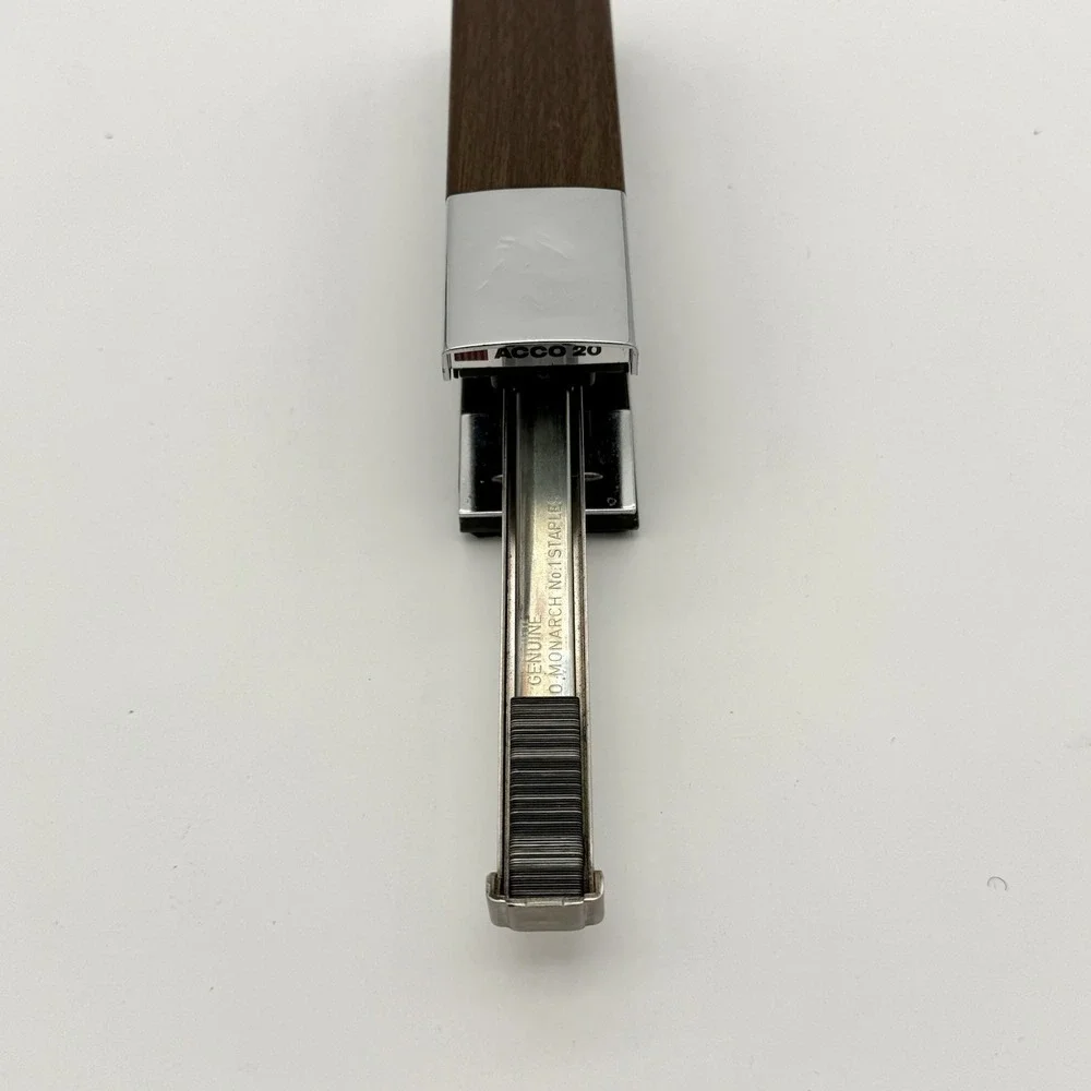 Vintage ACCO 20 Desk Stapler Faux Wood Grain Chrome Mid Century USA Working